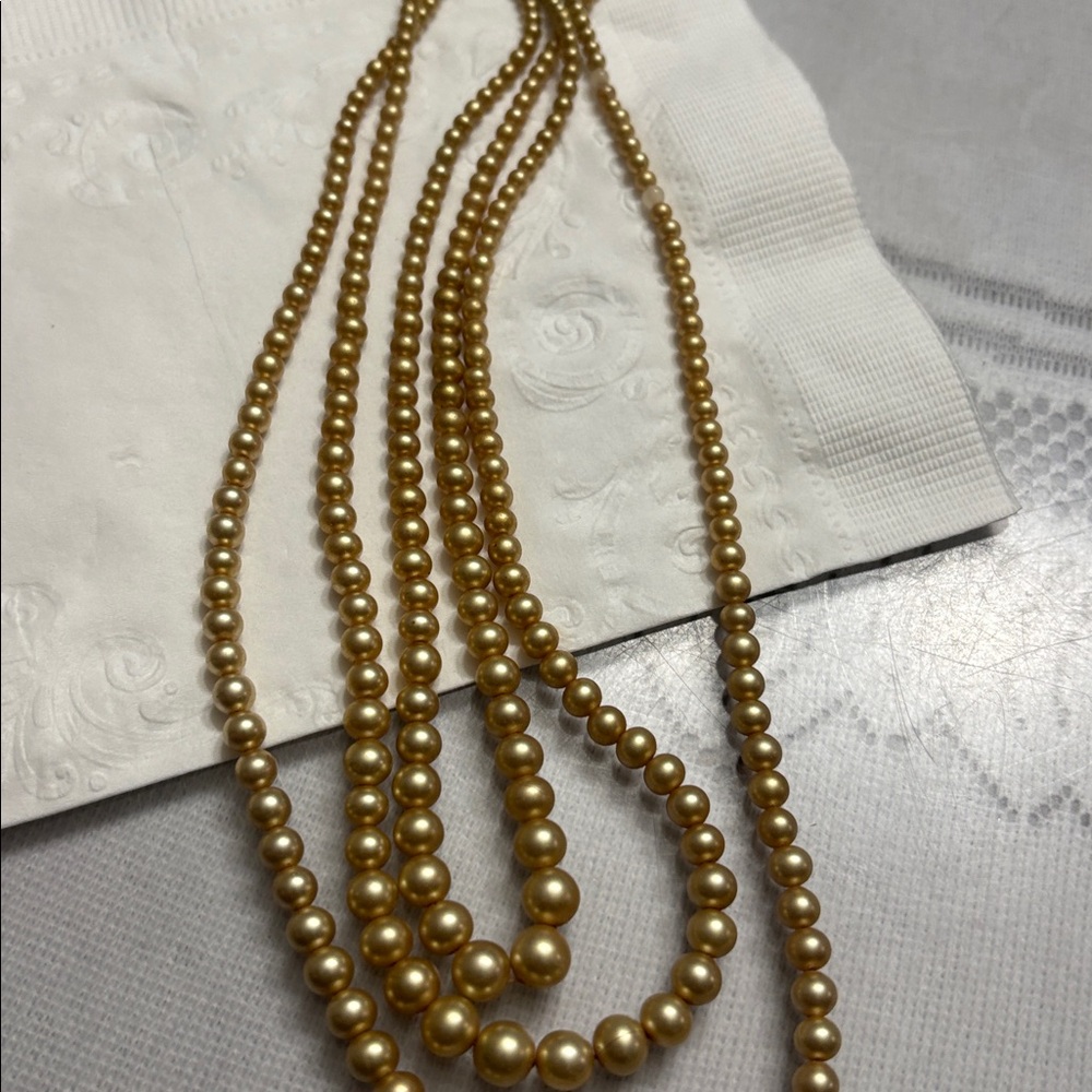 Gold Pearl Triple-Strand Necklace with Decorative Clasp